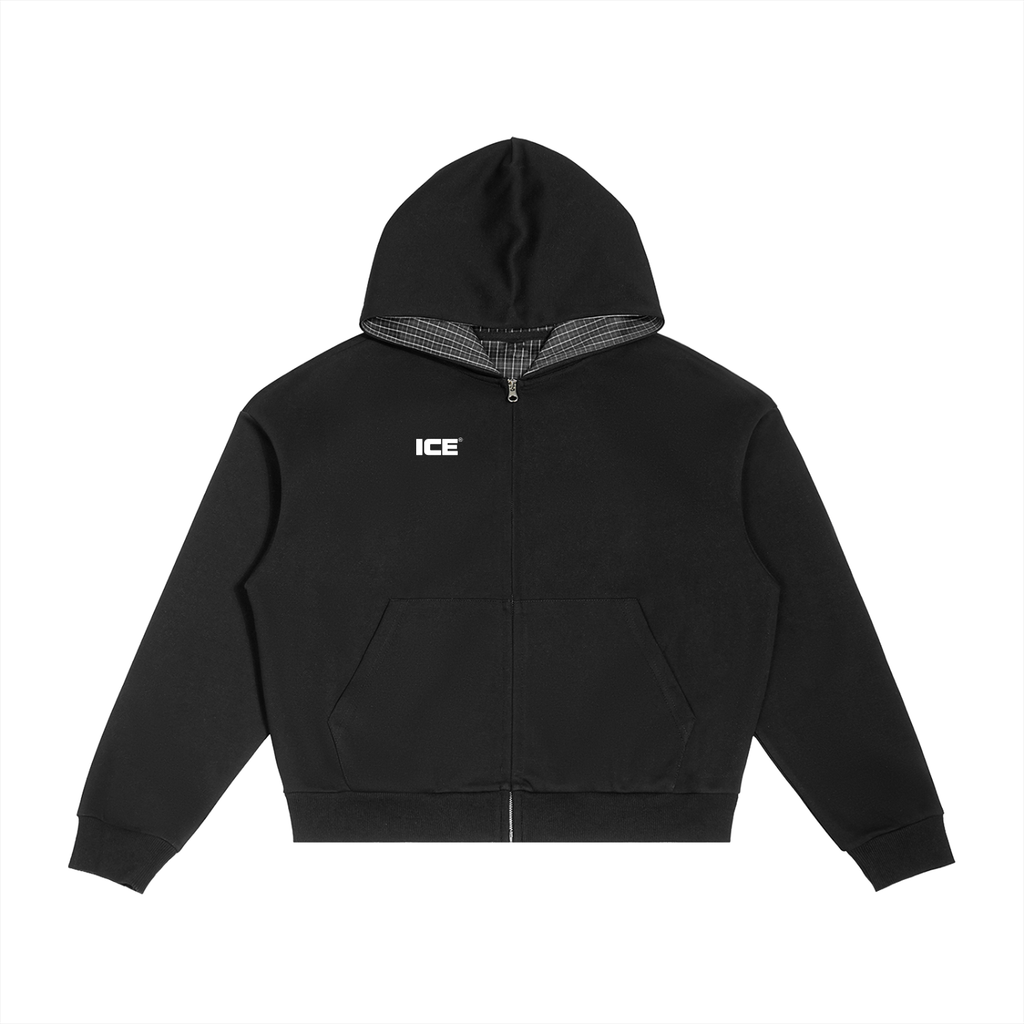 Contrast Plaid Boxy Zip Hoodie